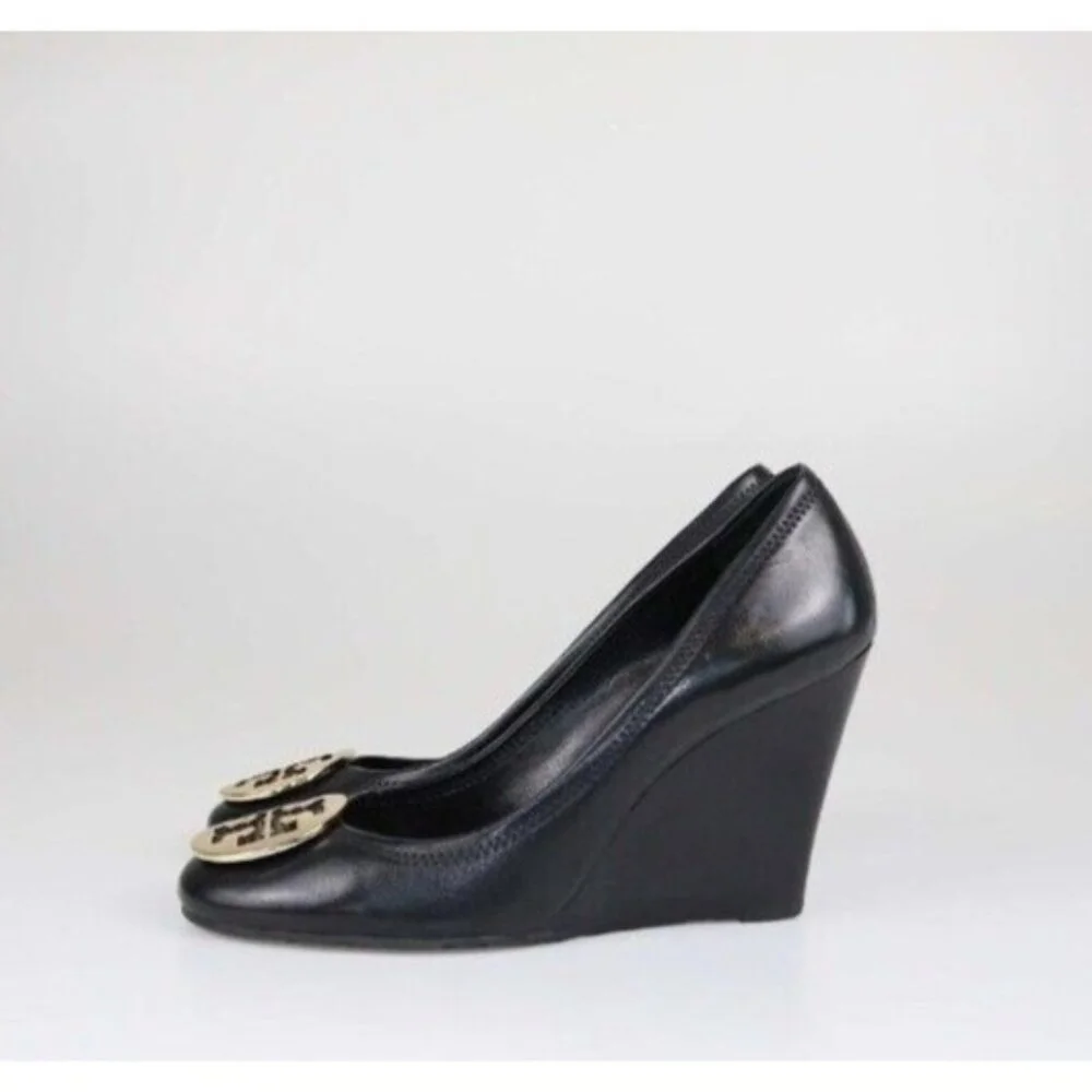 Tory Burch Black Leather Wedge Pumps with Gold Logo